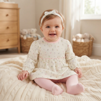 N14761: Baby Girls Waffle Fabric Dress, Tights & Headband Outfit (0-9 Months)